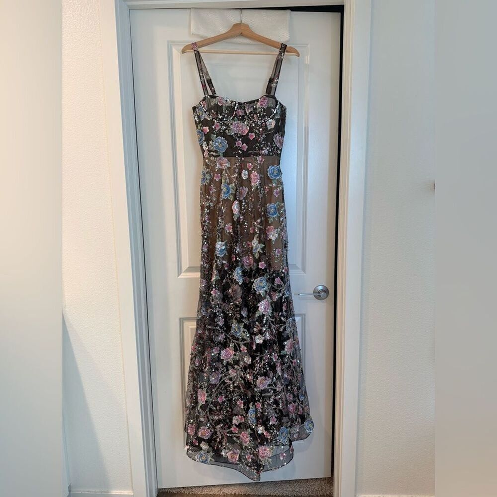 NWOT BRONX AND BANCO MIDNIGHT EMBROIDERED FLORAL GOWN, wedding guest max dress - Picture 4 of 16